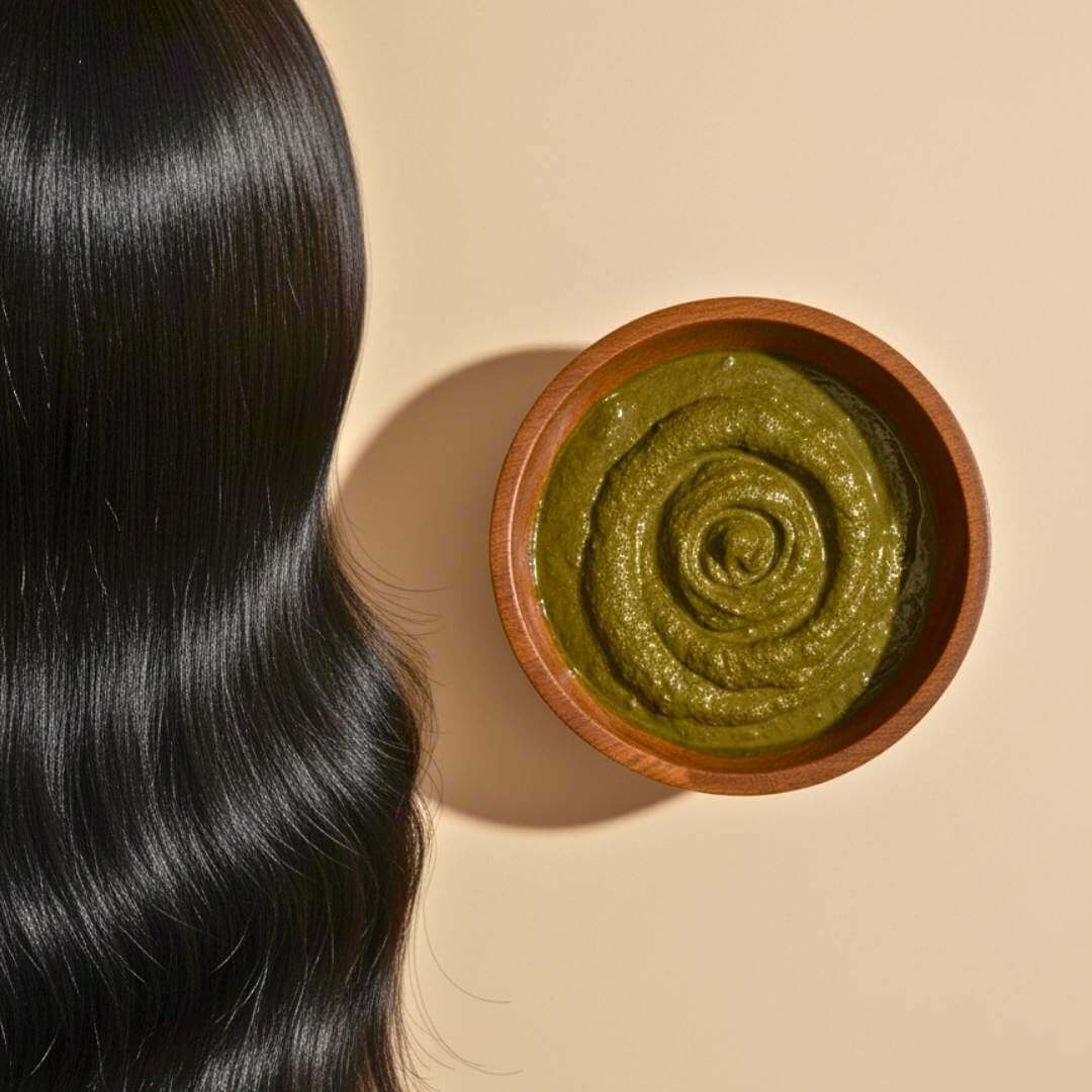 Gros plan artistique illustrant la fusion entre soin et couleur. Le henné TËNA enveloppe chaque fibre pour une coloration naturelle, brillante et réparatrice.