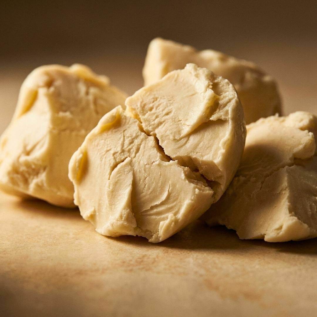 Beurre corporel pour peau sèche, blocs de beurre crémeux sur fond neutre, idéal pour nourrir la peau.
