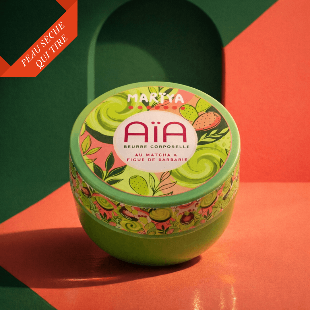Pot de beurre corporel AÏA au MATCHA et à la figue de barbarie, idéal pour les peaux sèches à très sèches.