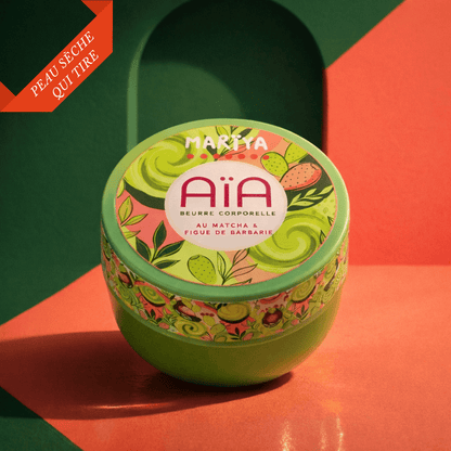 Pot de beurre corporel AÏA au MATCHA et à la figue de barbarie, idéal pour les peaux sèches à très sèches.