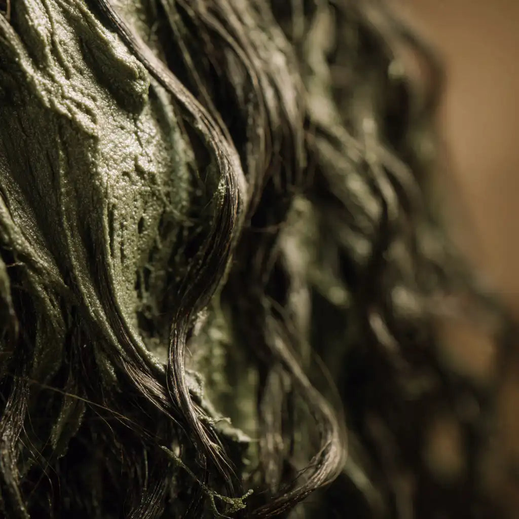 Gros plan macro sur des cheveux bouclés humides, gainés de poudre capillaire Qawïya – soin fortifiant – MARÏYA