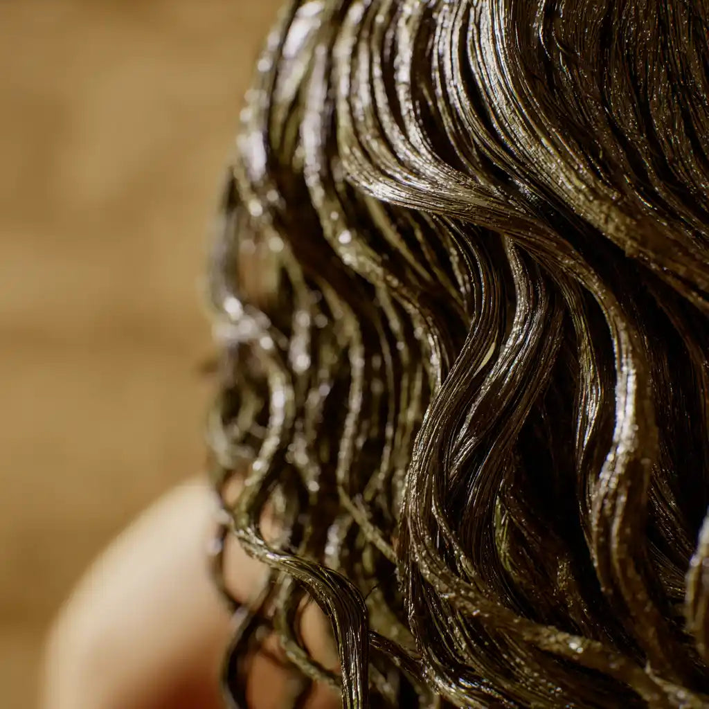 Gros plan macro sur des cheveux bouclés humides, gainés de poudre capillaire Safiya – soin purifiant– MARÏYA