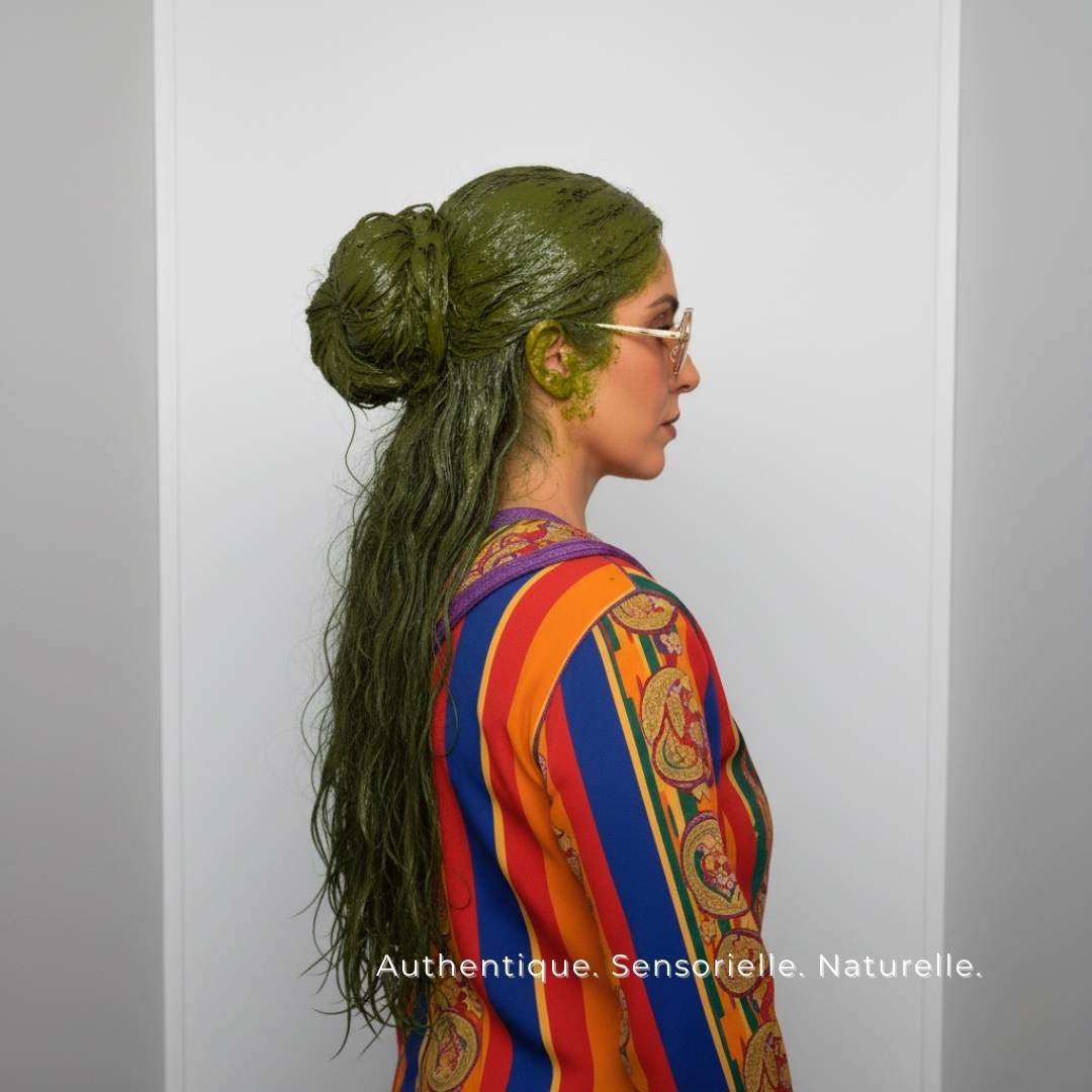 Étape du rituel capillaire TËNA : le henné végétal vert appliqué sur les cheveux pour une couleur naturelle et soignante. Une méthode marocaine ancestrale pour colorer sans abîmer.