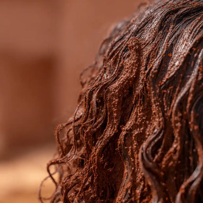 Gros plan macro sur des cheveux bouclés humides, gainés par la poudre capillaire Hanina – soin nourrissant et fortifiant – MARÏYA

