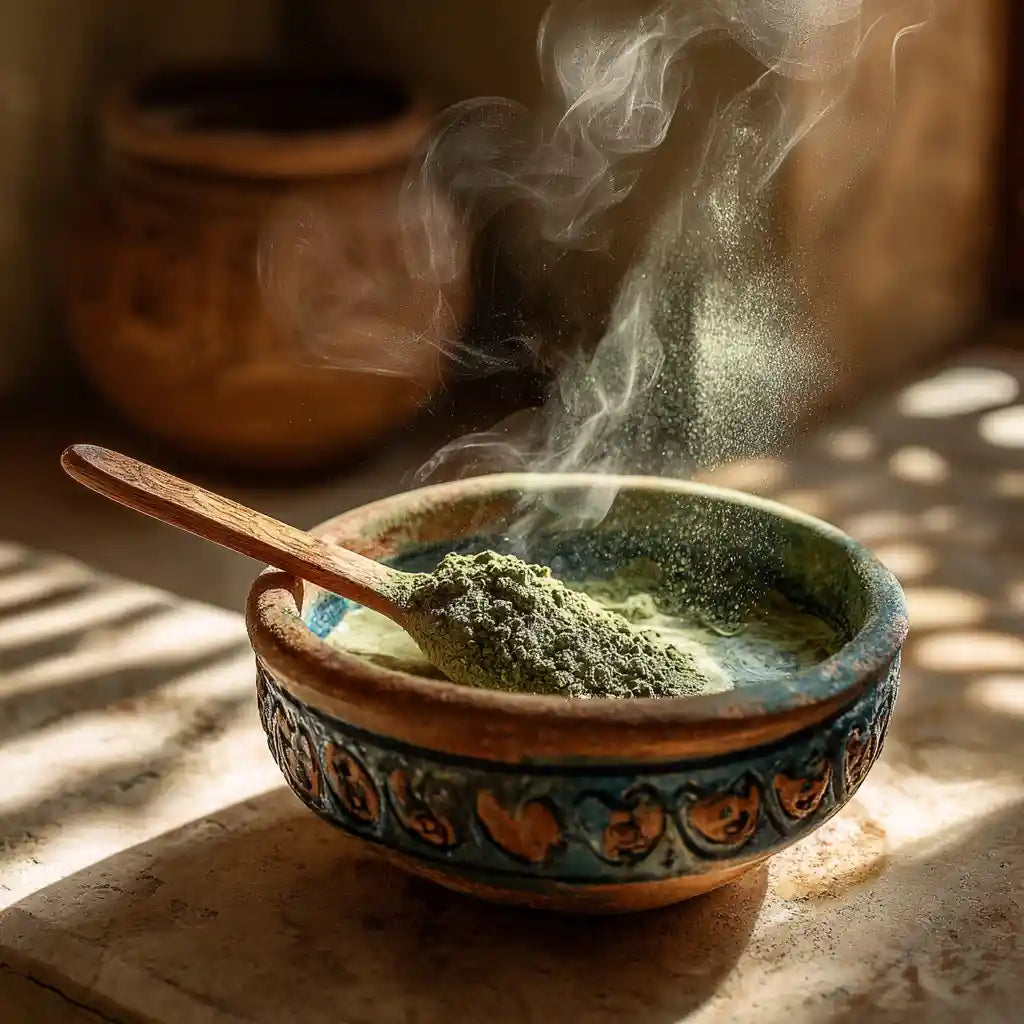 Bol en céramique marocain peint à la main, rempli de poudre végétale verte, avec vapeur légère – rituel de hammam artisanal MARÏYA