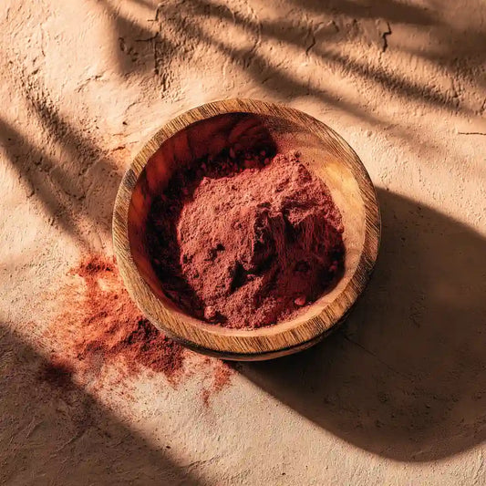 Bol en bois marocain , rempli de poudre végétale rouge, avec vapeur légère – rituel de hammam artisanal MARÏYA