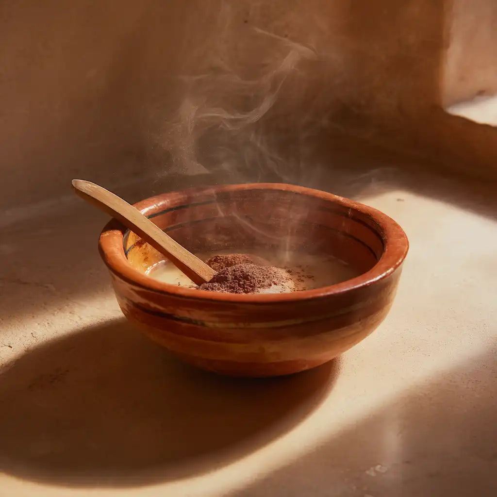 Bol en céramique marocain peint à la main, rempli de poudre végétale rouge, avec vapeur légère – rituel de hammam artisanal MARÏYA