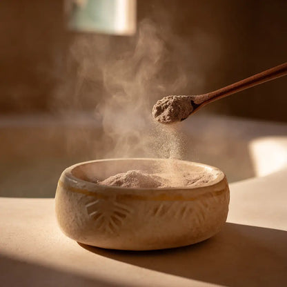 Bol en céramique marocain peint à la main, rempli de poudre végétale beige, avec vapeur légère – rituel de hammam artisanal MARÏYA