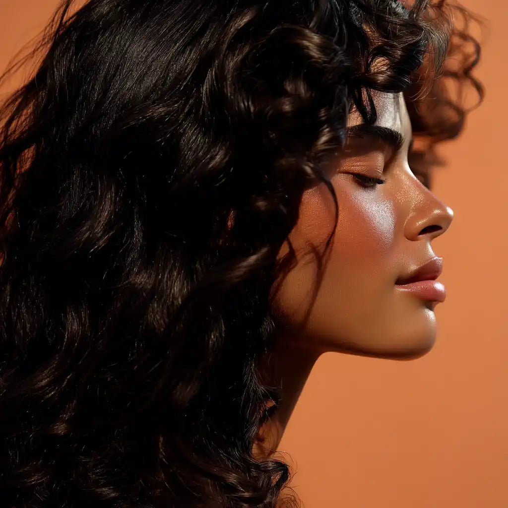 Portrait féminin au profil lumineux, cheveux lisses au vent – symbolisant la douceur – univers artisanal MARÏYA

