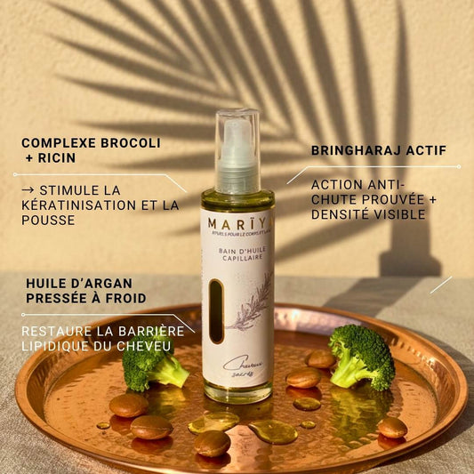 Huile capillaire artisanale MARÏYA formulée au Maroc avec brocoli, argan et ricin.
Qalbí nourrit sans graisser, stimule la pousse et prévient la chute.
Une huile capillaire naturelle, légère et non grasse, parfaite pour les cheveux bruns en quête de brillance, densité et équilibre.
Fabriquée artisanalement au Maroc.