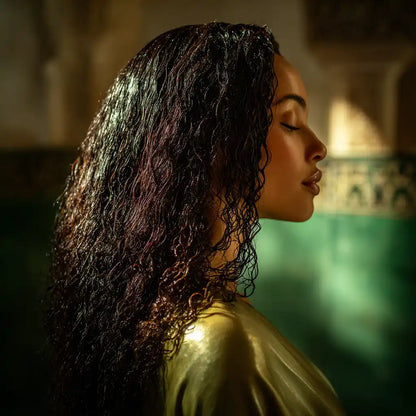 Cheveux bouclés sublimés par la poudre capillaire Hanina– éclat humide et reflets rouge – soin lissant artisanal MARÏYA