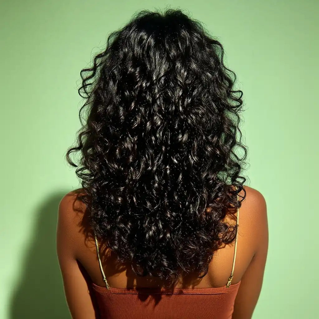 Portrait féminin de dos, cheveux huilés – symbolisant l'huile Qalbi – univers artisanal MARÏYA
