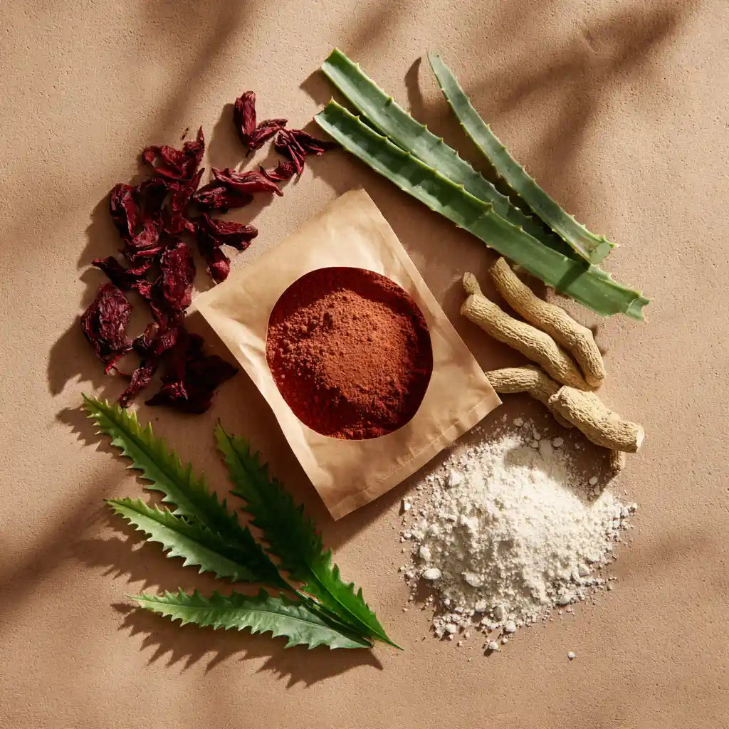 Pochette de poudre capillaire naturelle entourée d’ingrédients bruts – herbes, fleurs et épices – soins artisanaux marocains MARÏYA