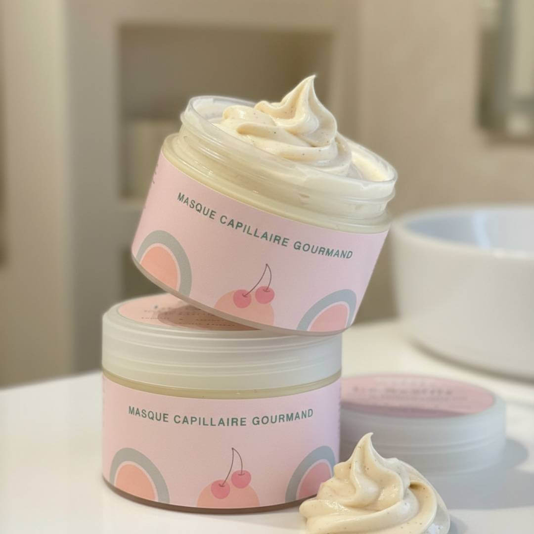 Masque capillaire gourmand pour soins capillaires, texture crémeuse, soin des pointes abîmées.