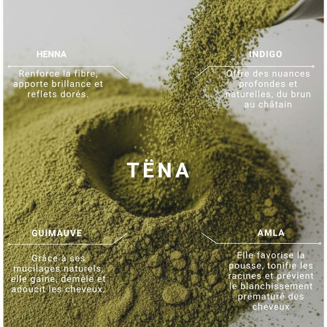 Poudre de henné pure TËNA, coloration végétale marocaine à base de plantes. Texture fine, riche en pigments naturels pour des cheveux forts, brillants et colorés sans produits chimiques.