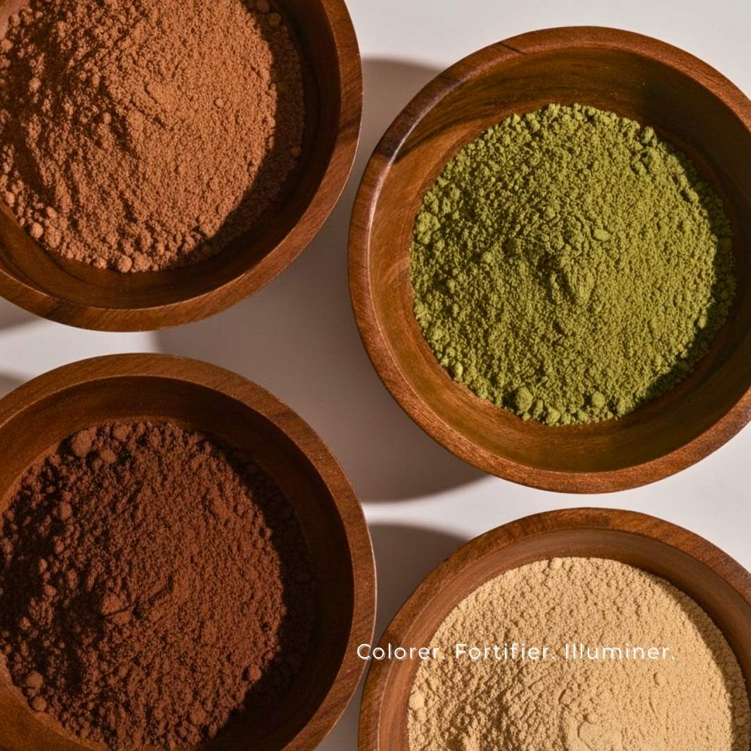 Composition d’ingrédients naturels utilisés dans la coloration TËNA : henné, indigo, amla et guimauve. Une recette marocaine inspirée de l’ayurvéda pour colorer, renforcer et sublimer les cheveux naturellement.