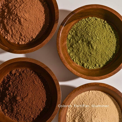 Composition d’ingrédients naturels utilisés dans la coloration TËNA : henné, indigo, amla et guimauve. Une recette marocaine inspirée de l’ayurvéda pour colorer, renforcer et sublimer les cheveux naturellement.