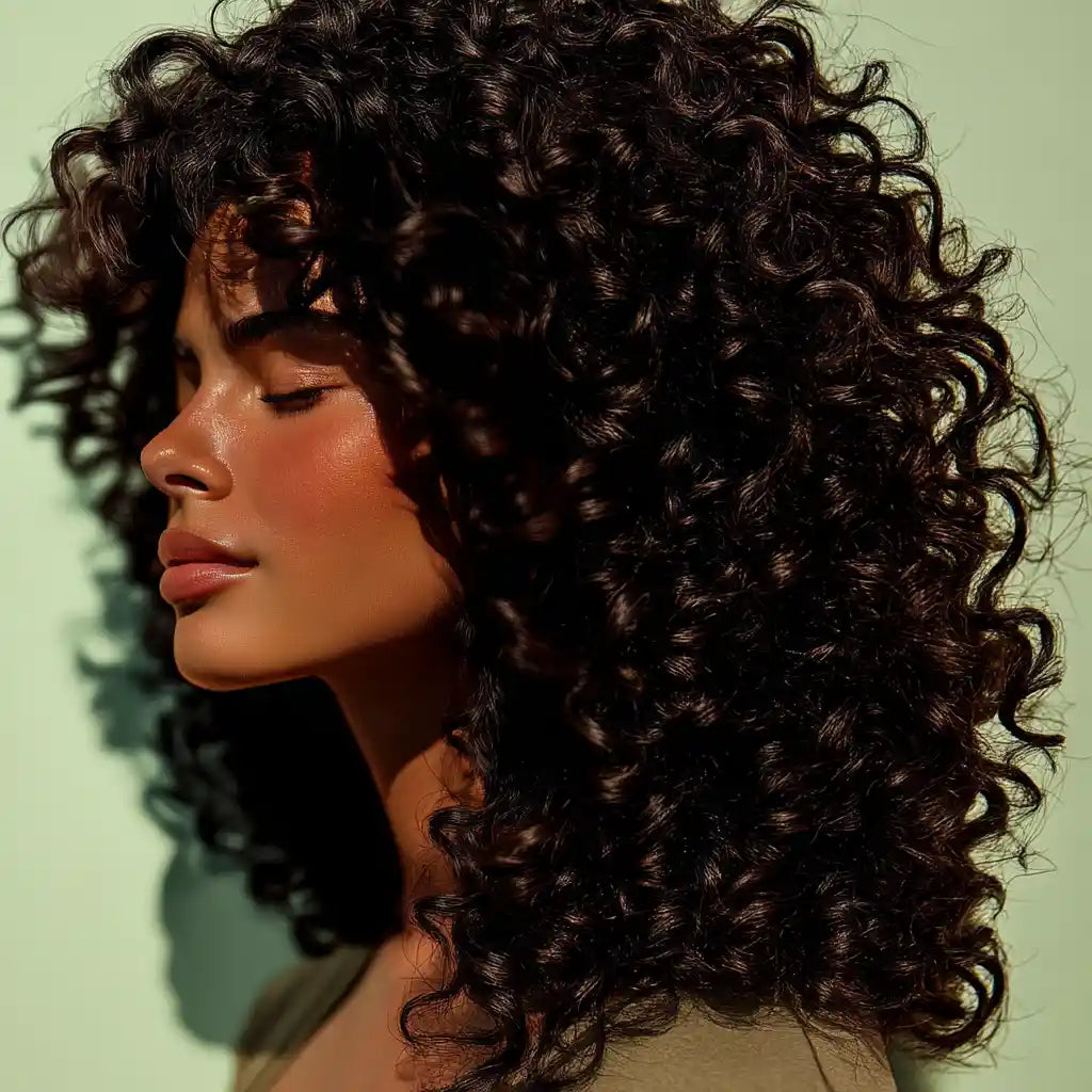 Portrait féminin au profil lumineux, cheveux bouclés épais – symbolisant la force – univers artisanal MARÏYA

