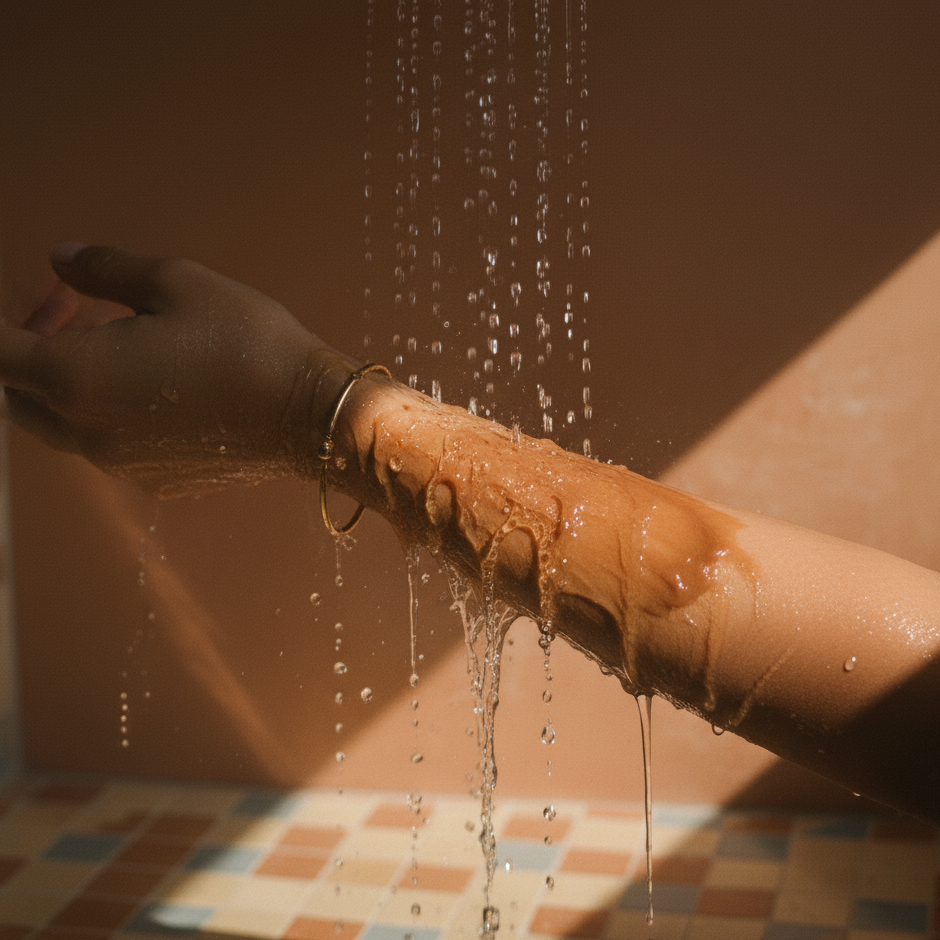 SAVON NOIR ETALE SUR L'AVANT BRAS SOUS L'EAU