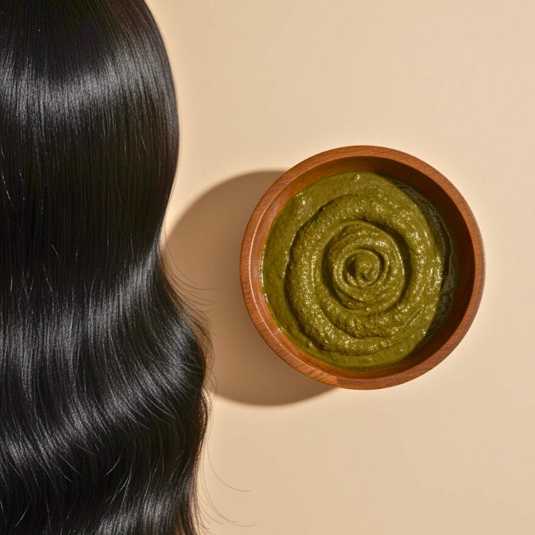 Gros plan artistique illustrant la fusion entre soin et couleur. Le henné TËNA enveloppe chaque fibre pour une coloration naturelle, brillante et réparatrice.