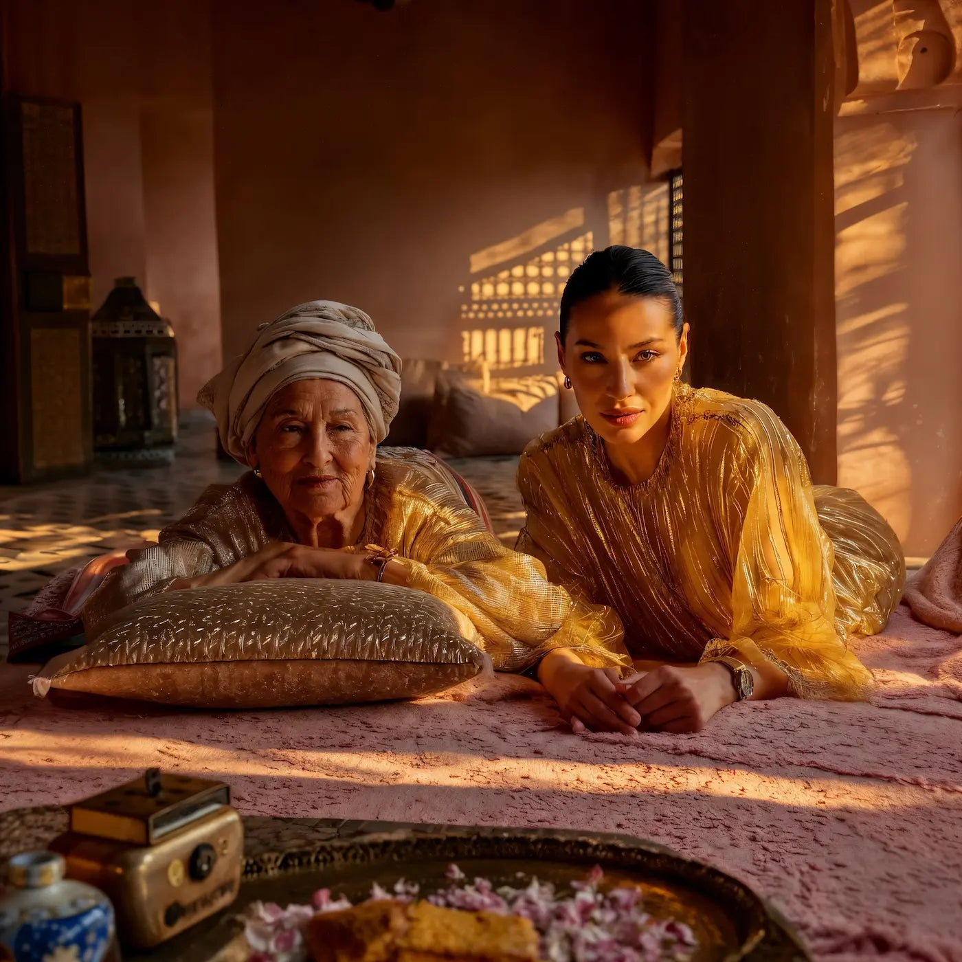 Portrait d’une grand-mère marocaine, regard doux et mains marquées par le temps – symbole de transmission et de beauté vécue.