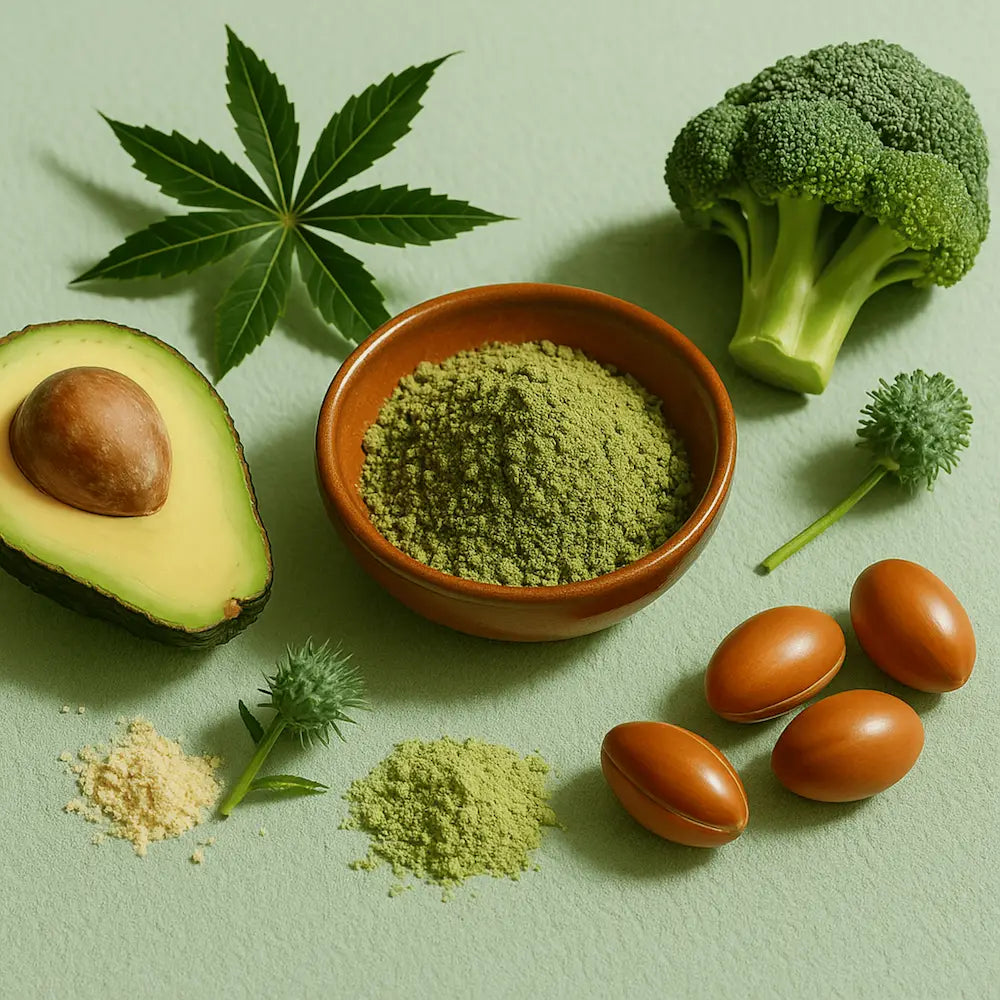 Composition poétique des ingrédients de Qalbï : poudre de bringharaj, avocat mûr, graines de ricin, brocoli, argan. Mises en scène sur fond vert pâle, lumière naturelle douce. Huile capillaire pour cheveux marocains.