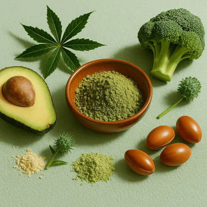 Composition poétique des ingrédients de Qalbï : poudre de bringharaj, avocat mûr, graines de ricin, brocoli, argan. Mises en scène sur fond vert pâle, lumière naturelle douce. Huile capillaire pour cheveux marocains.