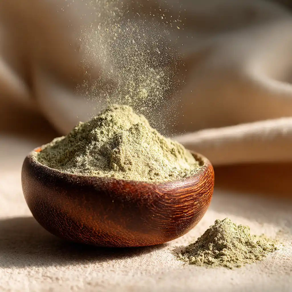 Poudre capillaire Qawiya – gros plan macro de poudre verte fine à base de plantes – soin fortifiant et anti-chute – MARÏYA