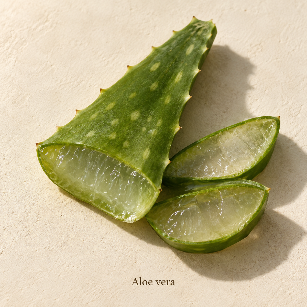 Illustration botanique de Aloe vera, avec son nom sur fond crème.