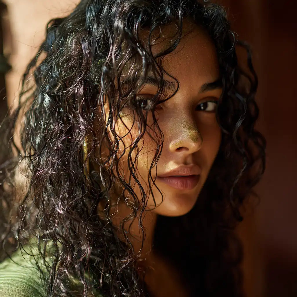 Cheveux bouclés sublimés par la poudre capillaire Qawiya, éclat humide et reflets soyeux – soin fortifiant artisanal MARÏYA

