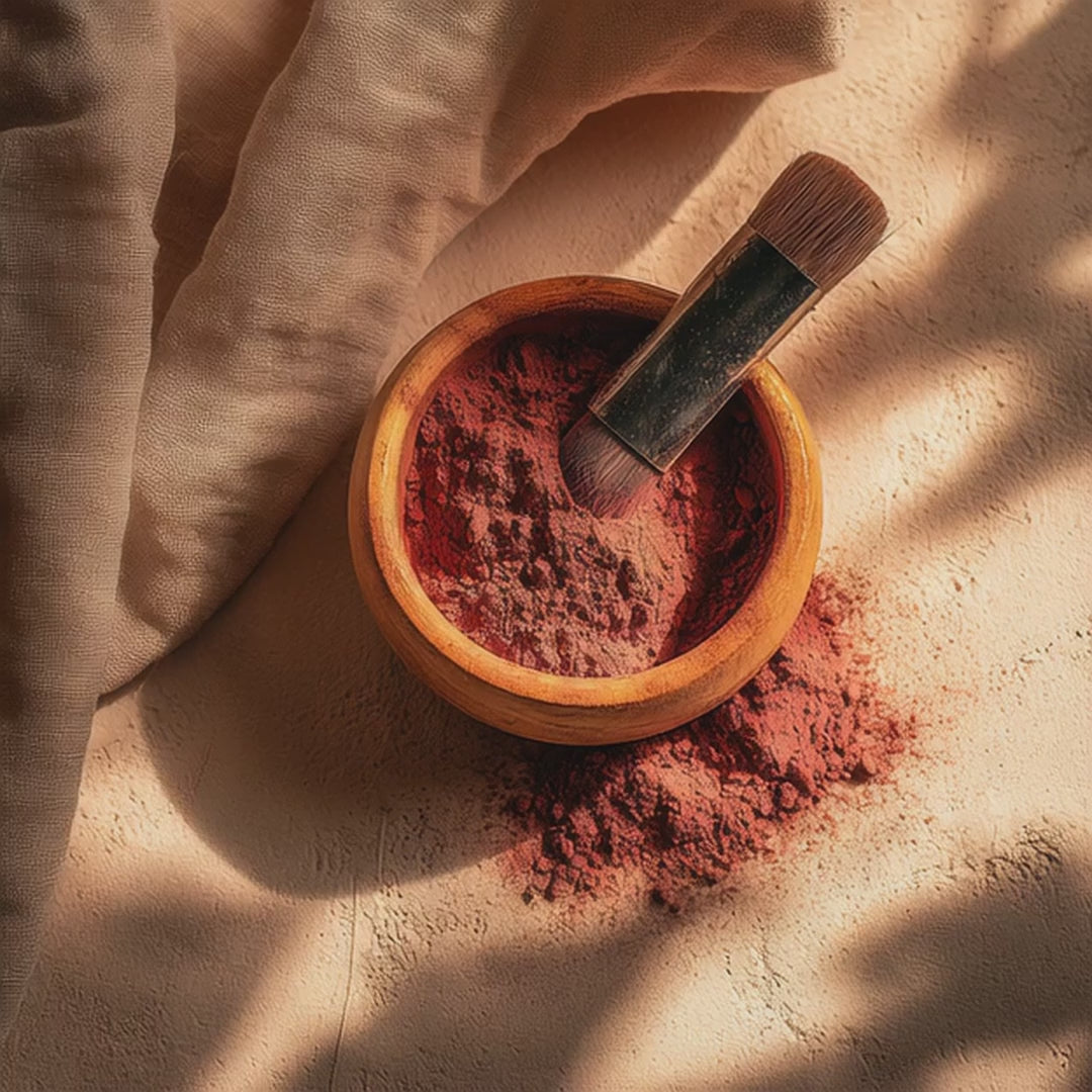 Video Bol en bois marocain , rempli de poudre végétale rouge, avec vapeur légère – rituel de hammam artisanal MARÏYA